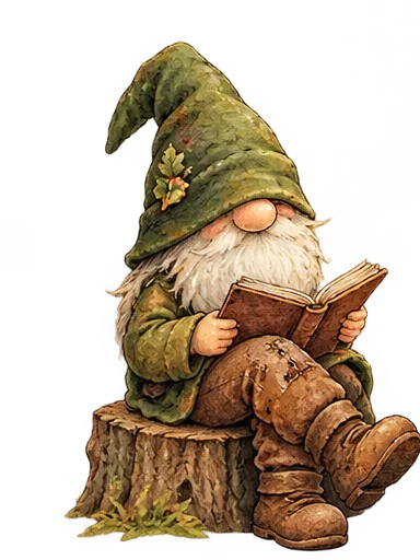 Ein Wichtel liest ein Buch auf einem Baumstumpf