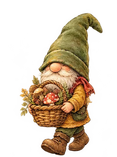 Ein Wichtel trägt einen Korb voller Pilze